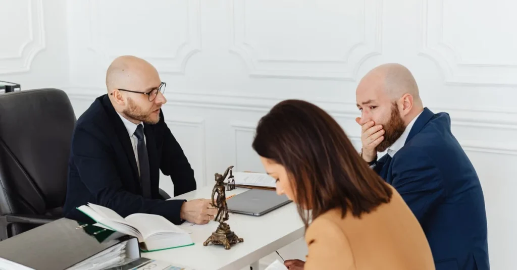 Three professionals discussing Florida estate planning documents at office desk with legal scales and paperwork visible.