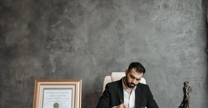 Professional man writing at desk with framed certificate and statue, representing legacy planning estate planning services.