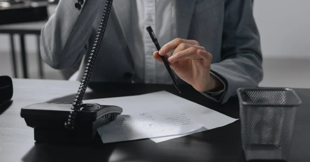 Business professional holding pen at desk, writing notes during meeting with estate planning attorney consultation.