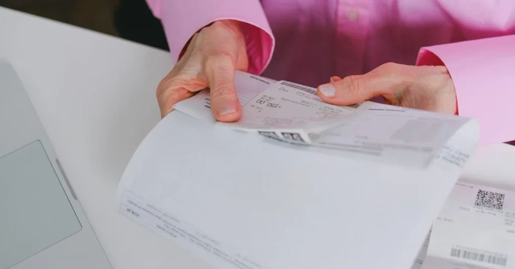 Person in pink shirt reviewing estate planning attorney documents and bills on white desk.