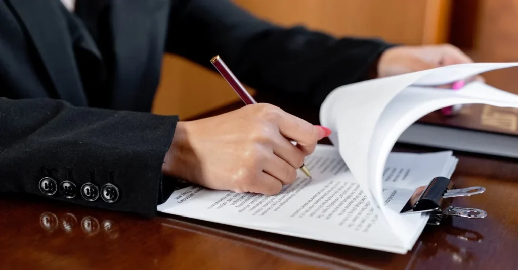 Professional signing high net worth estate planning documents at wooden desk with legal papers and keys.