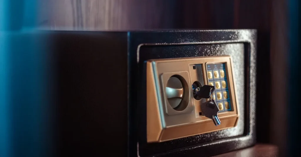 Vintage safe deposit box with combination lock and control panel, representing secure revocable vs irrevocable trust assets.