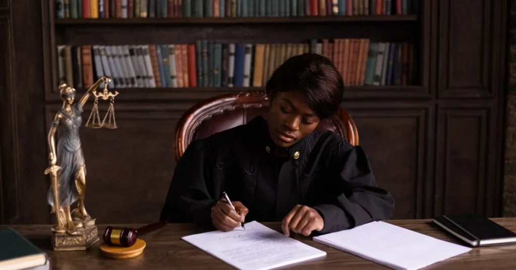 Female attorney writing legal documents at desk with justice statute and law books on shelf behind her.